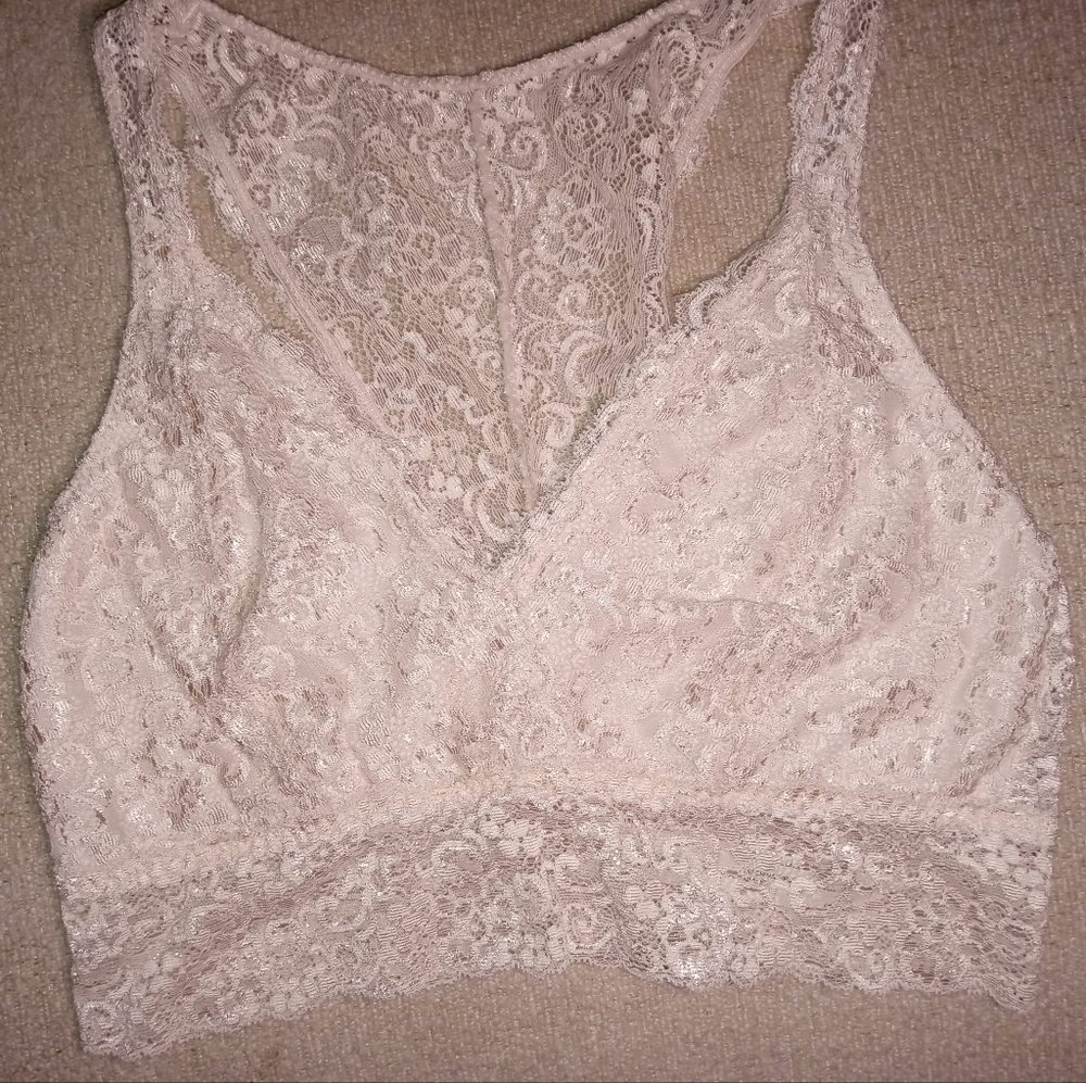 Soma, Cream, Lace Bralette, With V-Neck Design And Racer Back, Size Medium